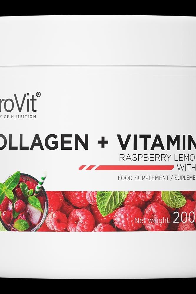 OstroVit Collagen + Vitamin C supplement in Raspberry Lemon flavor, 200g, for improved skin and joint health.
