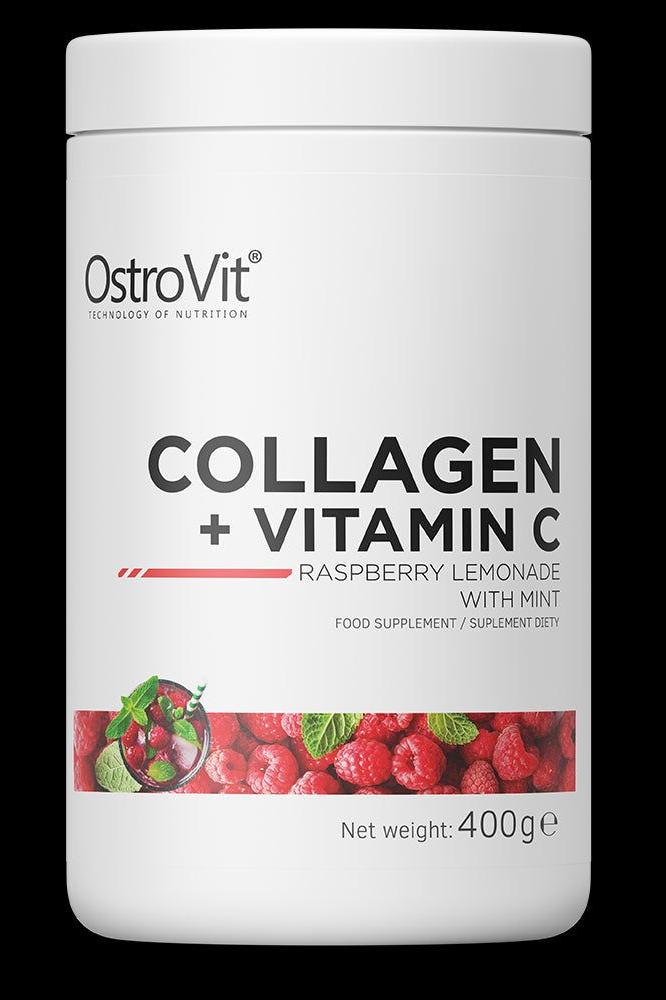 OstroVit Collagen + Vitamin C supplement in raspberry lemonade flavor with mint, 400g container.
