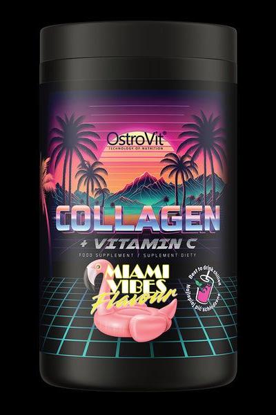OstroVit Collagen + Vitamin C supplement packaging featuring a tropical design and Miami Vibes theme.