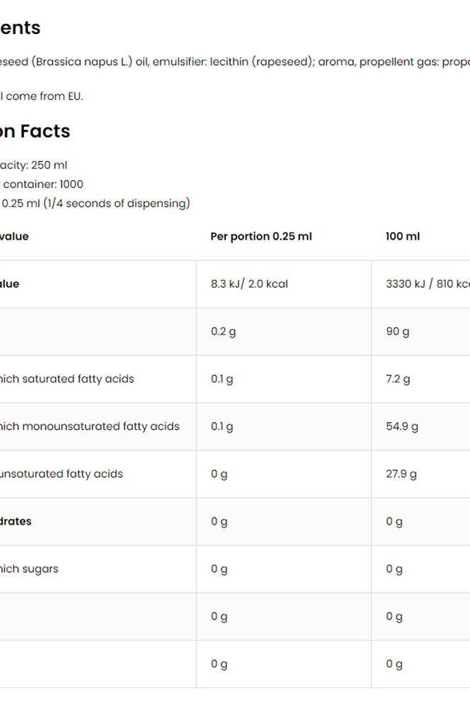 Nutritional information for OstroVit cooking spray, showing values per portion and per 100 ml, including calories and ingredients.