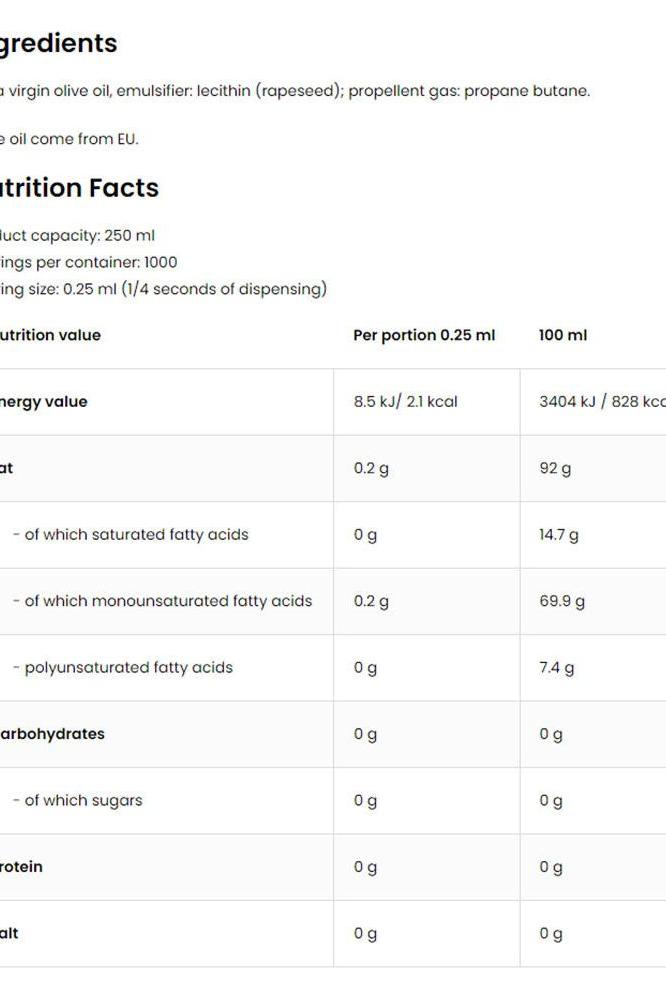 Nutrition facts and ingredients for OstroVit Cooking Spray Olive Oil 250 ml.