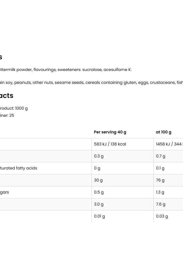 Nutritional facts table for OstroVit Cream of Rice, showing ingredients and serving information, 1000 g.