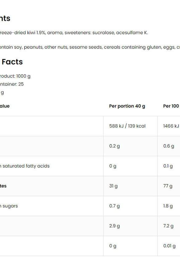 Nutrition facts and ingredients list for OstroVit Cream of Rice, showcasing calories and nutrient breakdown.