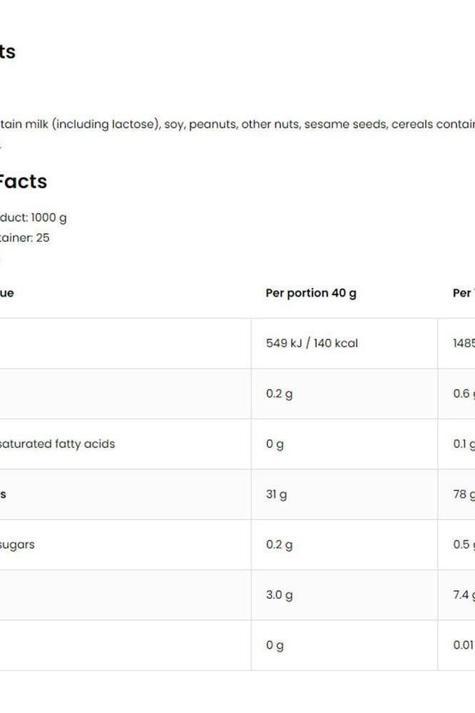 OstroVit Cream of Rice nutritional facts including calories and macronutrients per 40g serving.