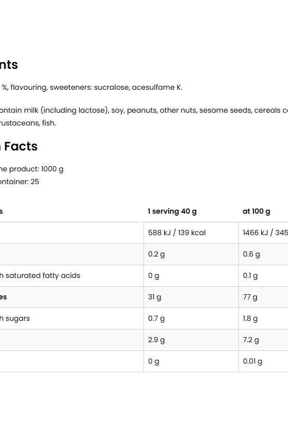 Nutritional information for OstroVit Cream of Rice including ingredients and serving details.