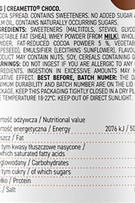 OstroVit Creametto Choco nutritional information and ingredients label, low-calorie sweetened spread.