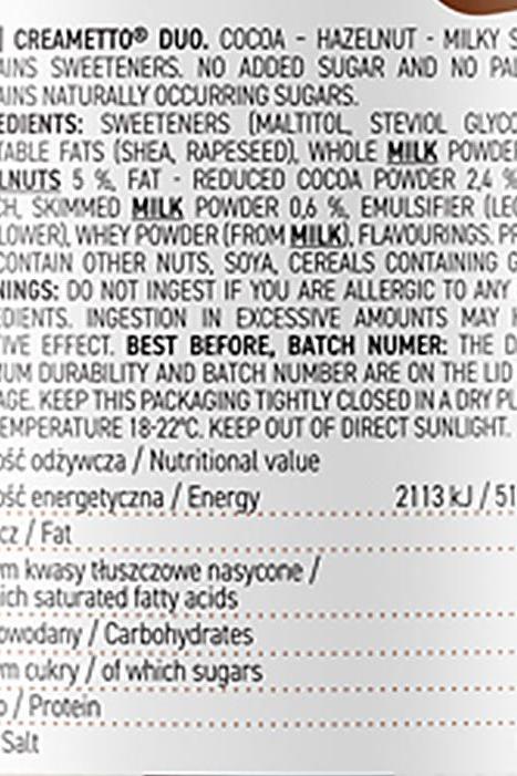 Nutritional label for OstroVit Creametto Duo showing ingredients and health information.