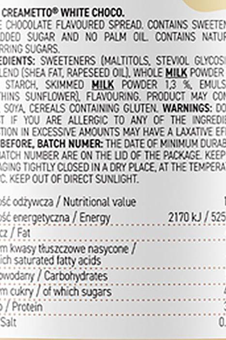 OstroVit Creametto White Choco label showing ingredients and nutritional information for chocolate spread.
