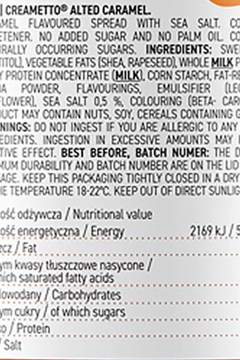 OstroVit Creametto salted caramel spread ingredient list and nutritional information on packaging.