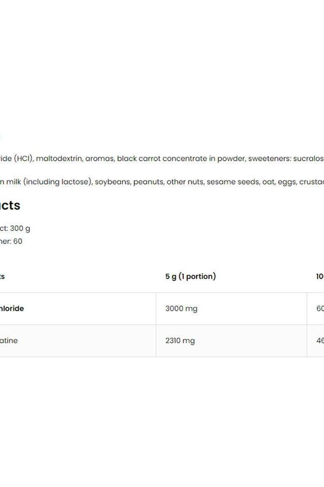 Nutritional information for OstroVit Creatine HCL, highlighting ingredients and serving size.