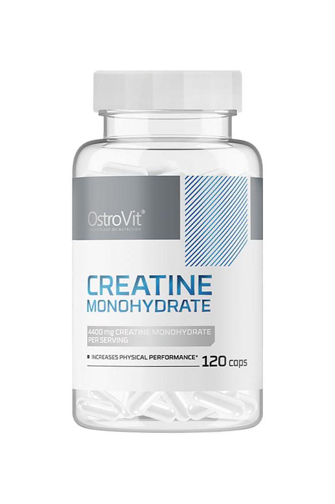 OstroVit Creatine Monohydrate supplement bottle, 120 capsules for enhanced strength and performance.