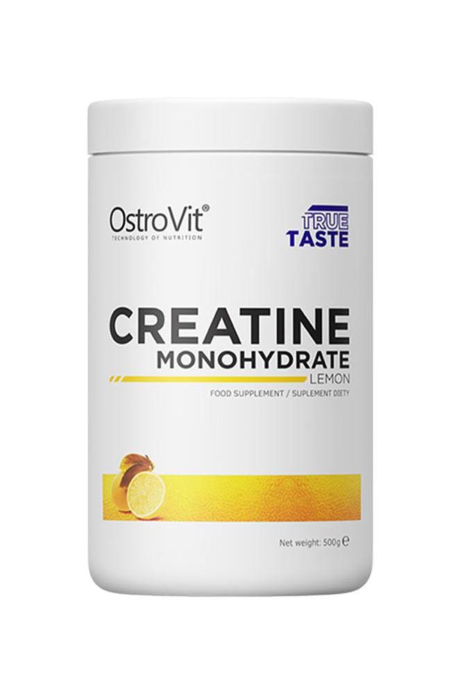 OstroVit Creatine Monohydrate supplement container with lemon flavor, 500g packaging.
