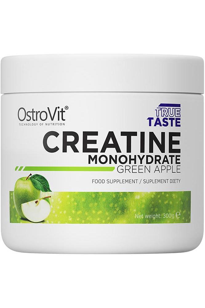 OstroVit Creatine Monohydrate in Green Apple flavor, 300g food supplement container.