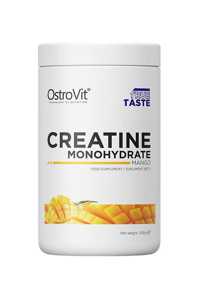 OstroVit Creatine Monohydrate supplement in mango flavor, 500g tub, enhancing strength and muscle growth.
