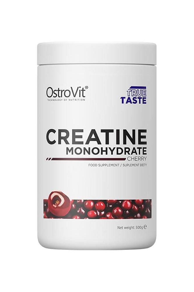 OstroVit Creatine Monohydrate Cherry flavor 500g supplement container with nutritional benefits.