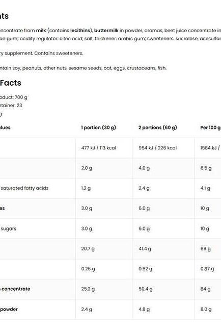 Nutritional information for OstroVit Delicious WHEY protein powder, detailing servings and key ingredients.