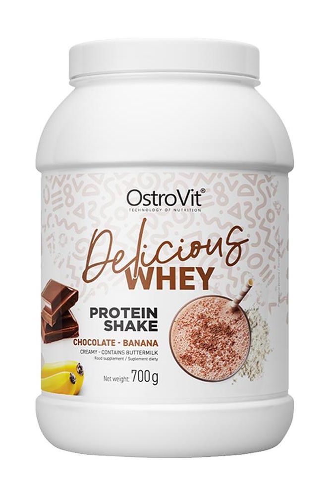 OstroVit Delicious WHEY protein shake in chocolate-banana flavor, 700g tub for muscle recovery.