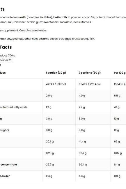 Nutritional information for OstroVit Delicious WHEY protein powder, including calories and ingredient details.