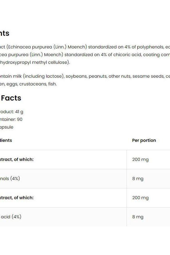 OstroVit Echinacea VEGE supplement fact sheet, detailing ingredients and nutritional values.