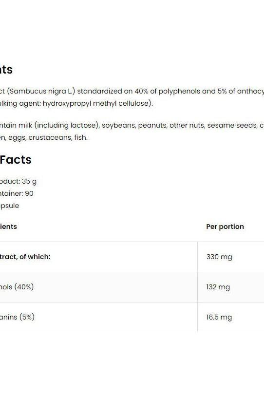 Nutrition facts for OstroVit Elderberry VEGE capsules, highlighting polyphenols and anthocyanins content.