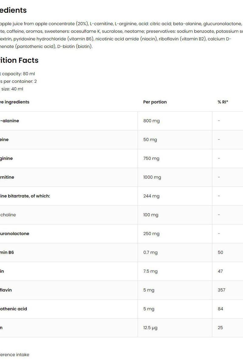 Nutrition facts and ingredients list for OstroVit Fat Burner Extreme Shot, highlighting active components.