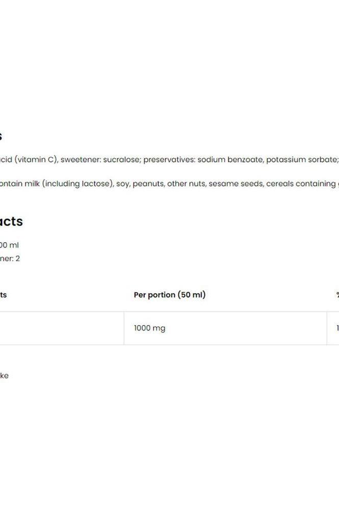Nutritional information for OstroVit Fat Burner Shot without caffeine, including ingredients and serving details.