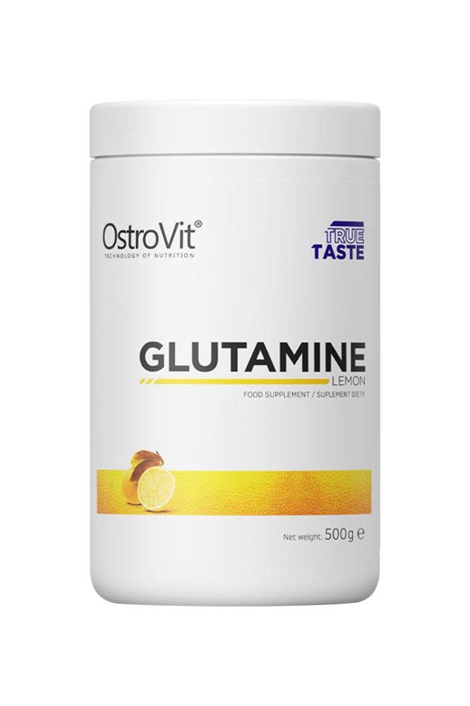 OstroVit Glutamine 500g lemon flavor, a food supplement for muscle recovery and immune support.