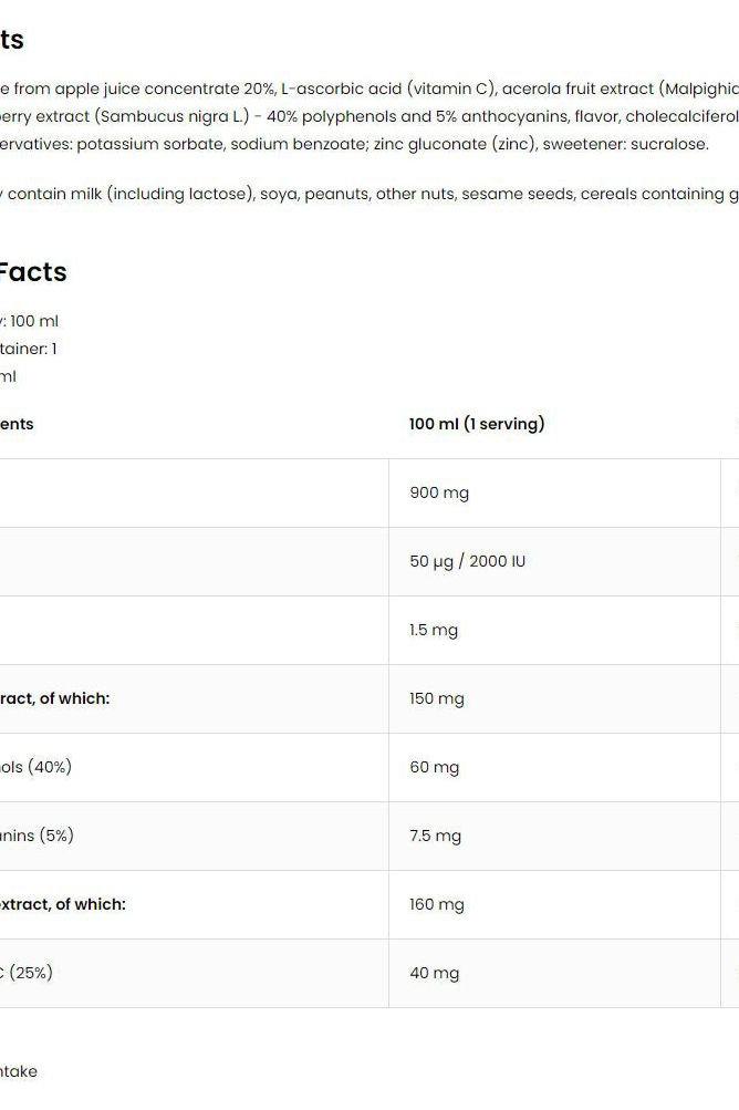 OstroVit Immunity Shot nutrition facts including vitamins C, D, zinc, and natural extracts per serving.