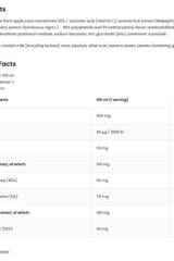 OstroVit Immunity Shot nutrition facts including vitamins C, D, zinc, and natural extracts per serving.