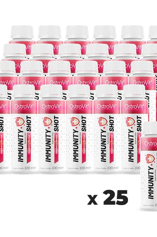 OstroVit Immunity Shot bottles in a pack of 25, designed to support the immune system with essential nutrients.