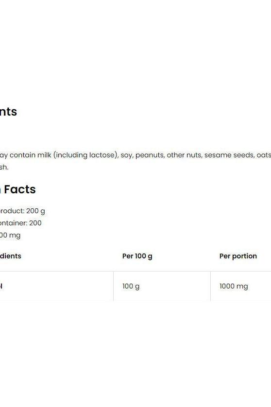 Nutritional information for OstroVit Inositol 200 g, including ingredients and serving size details.