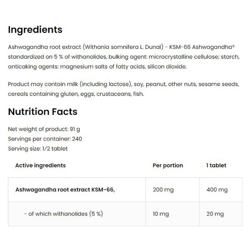 OstroVit KSM-66 Ashwagandha ingredients and nutrition facts, highlighting active ingredients per serving.