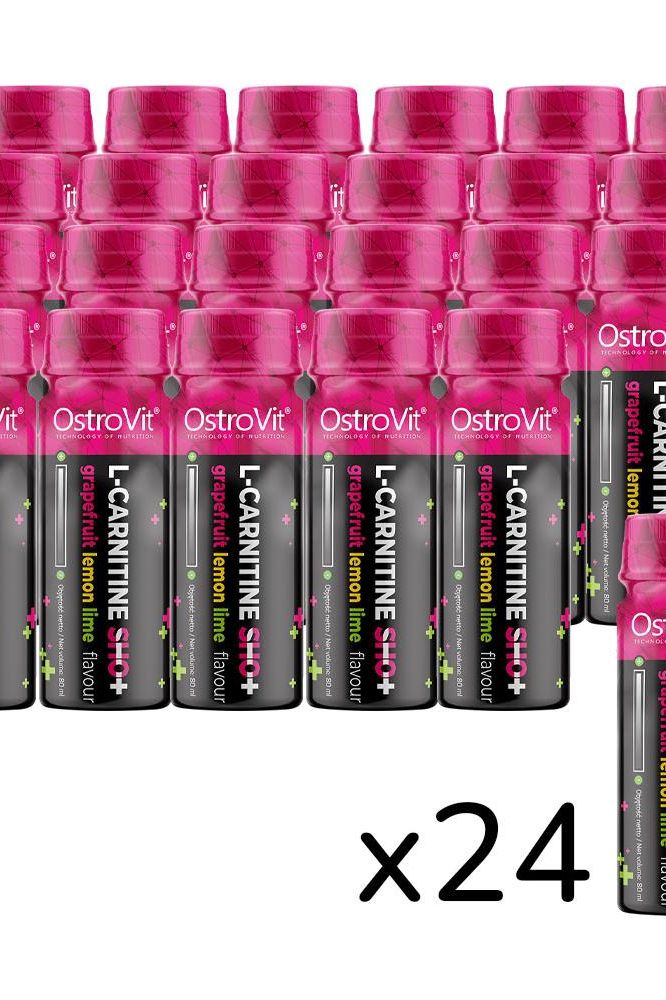 OstroVit L-Carnitine SHOT bottles in grapefruit flavor, pack of 24 for fat burning and endurance support.