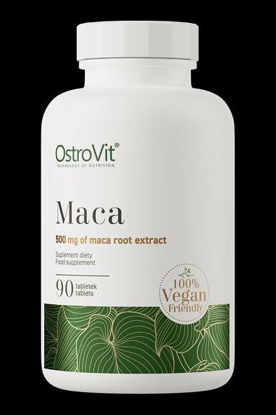 OstroVit Maca supplement bottle with 90 vegan tablets and 500 mg maca root extract.
