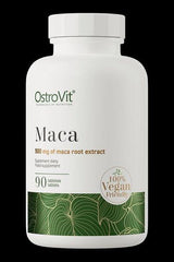 OstroVit Maca supplement bottle with 90 vegan tablets and 500 mg maca root extract.