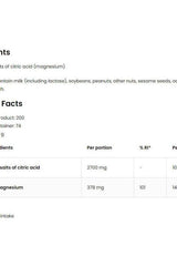 Nutritional facts for OstroVit Magnesium Citrate: includes ingredients and nutrient values per portion.