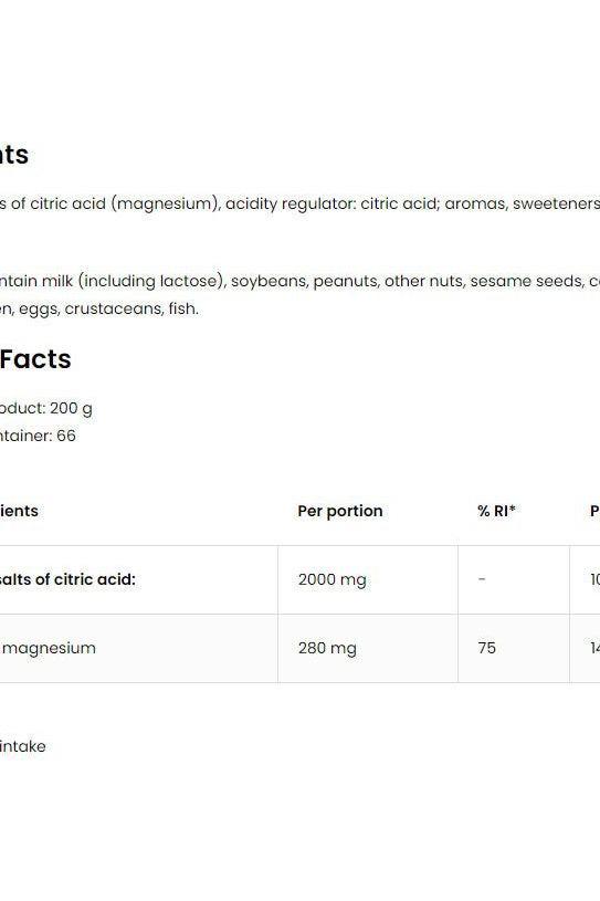 Nutritional information for OstroVit Magnesium Citrate supplement, including ingredients and portion details.