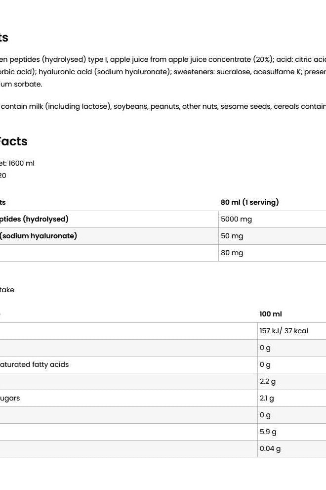 Nutritional facts label for OstroVit Marine Collagen Shot showing ingredients and serving details.