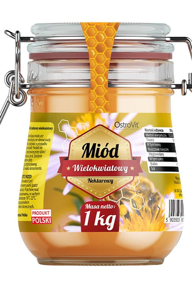 OstroVit 1 kg Multiflower Honey jar with natural honey and honeycomb design, ideal for daily use.