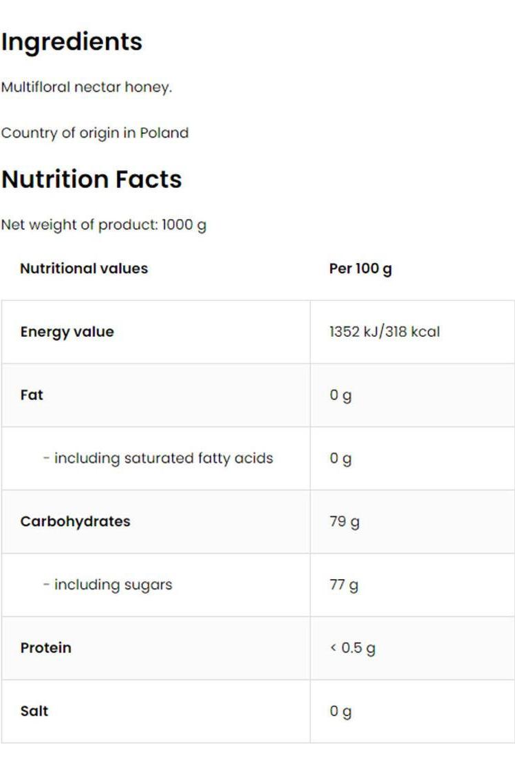 Nutrition facts and ingredients for OstroVit Multiflower Honey, detailing energy, fat, carbohydrates, protein, and salt.