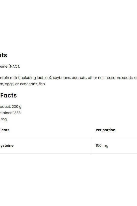 OstroVit NAC 200g product label showing ingredients and nutrition facts for N-acetyl-L-cysteine.