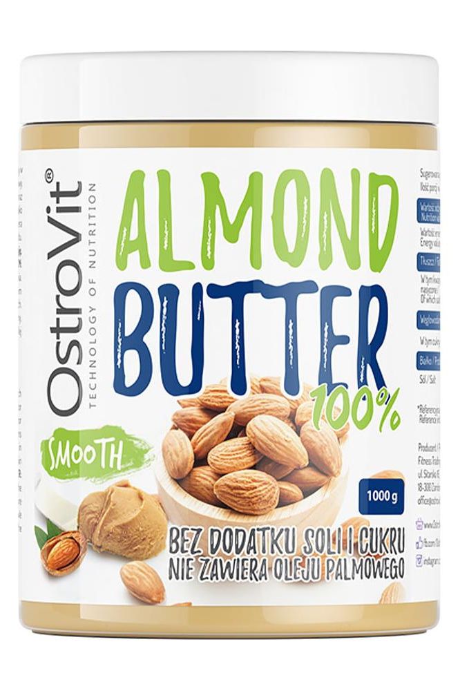 OstroVit Almond Butter 100% smooth nut butter jar, no added salt or sugar, healthy protein source.