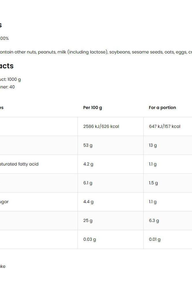 Nutritional information for OstroVit Nutvit 100% Almond Butter per 100g and serving size.