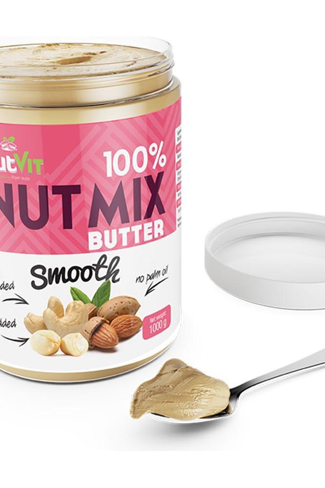 OstroVit NutVit 100% Nut Mix Butter Smooth 1000g jar with spoon, no added sugars or preservatives.