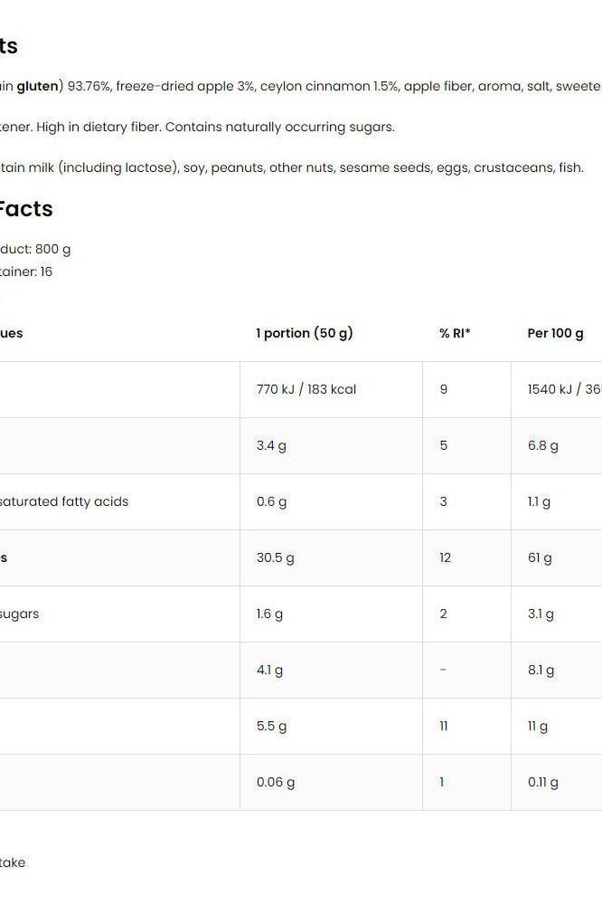 Nutritional information and ingredients of OstroVit OATlicious oatmeal product showing healthy benefits and serving details.