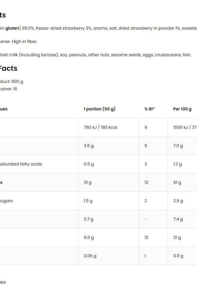 Nutrition facts label for OstroVit OATlicious showing ingredients and nutritional values per serving.