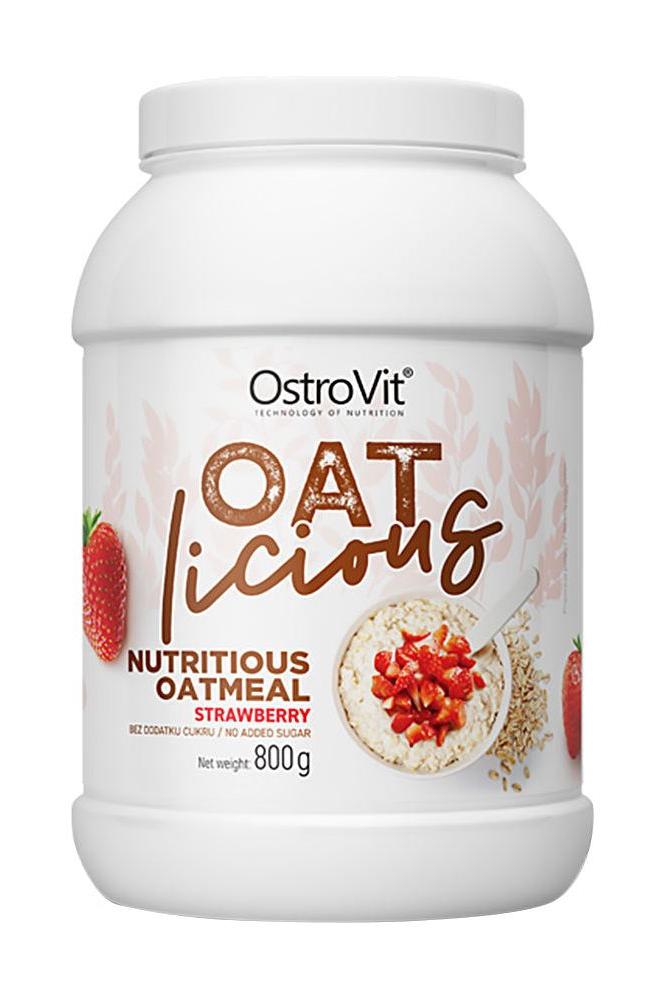 OstroVit OATlicious nutritious oatmeal with strawberry flavor, 800g container showcasing healthy meal option.