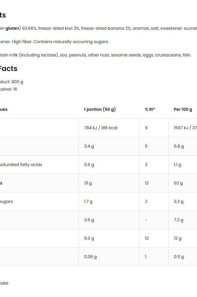 Nutritional information for OstroVit OATlicious oatmeal, showcasing ingredients and dietary values per portion.