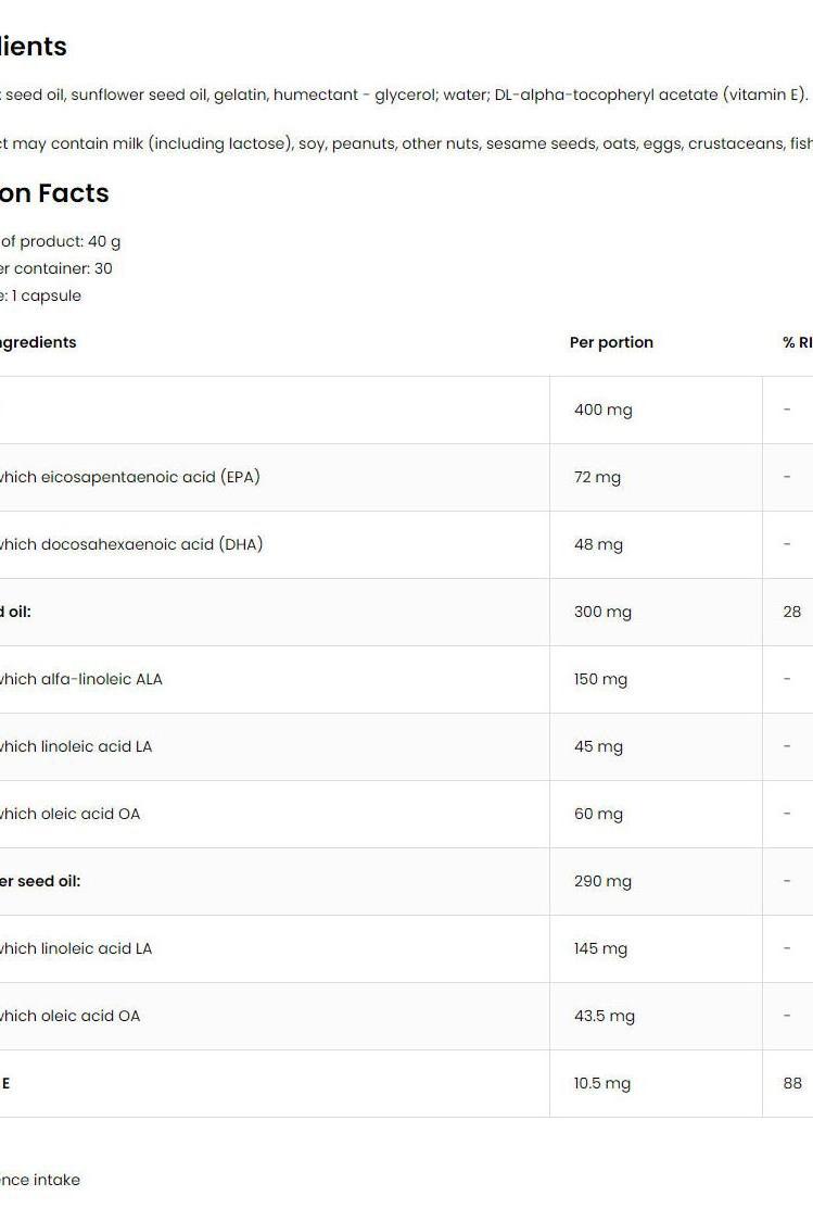 OstroVit Omega 3-6-9 supplement nutrition facts table showing ingredients and their amounts per capsule.