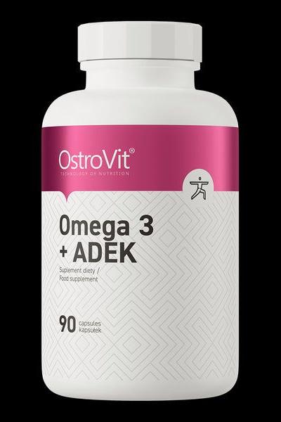 OstroVit Omega 3 + ADEK supplement bottle with 90 easy-to-swallow capsules for dietary support.